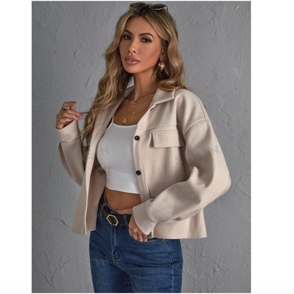 SHEIN Essnce Flap Pocket Drop Shoulder Button Front Overcoat Small - Picture 2 of 6